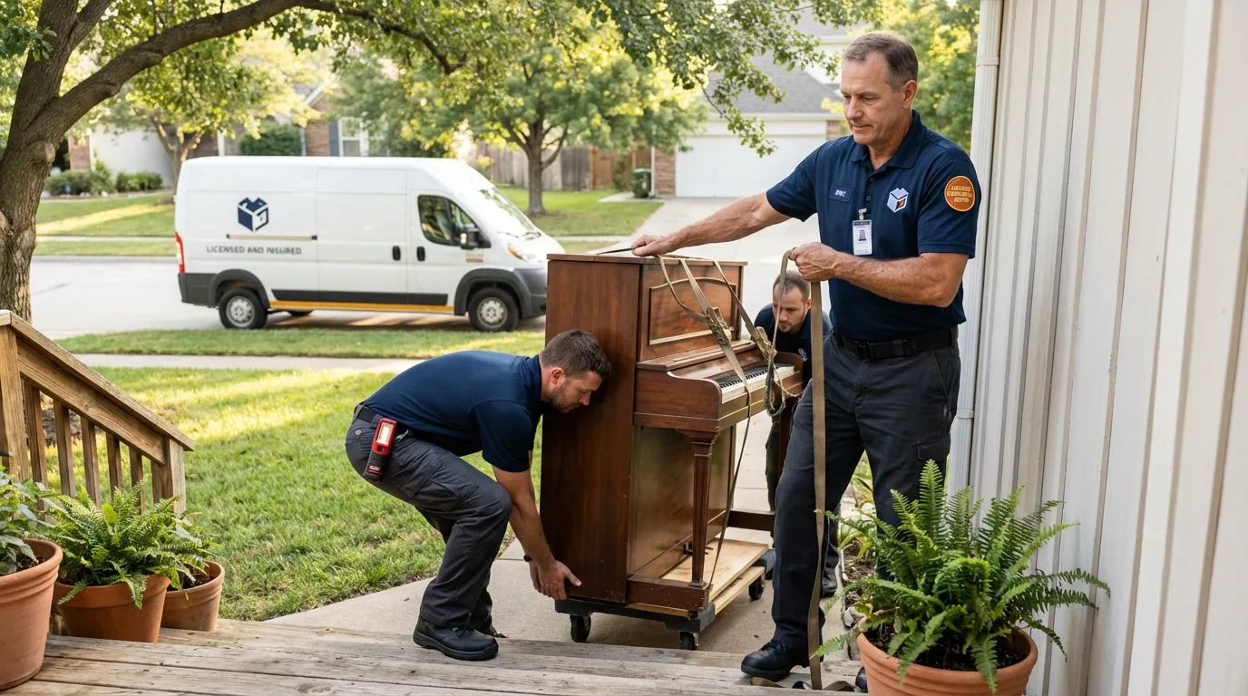 Licensed piano movers securing grand piano in Flemington, NJ