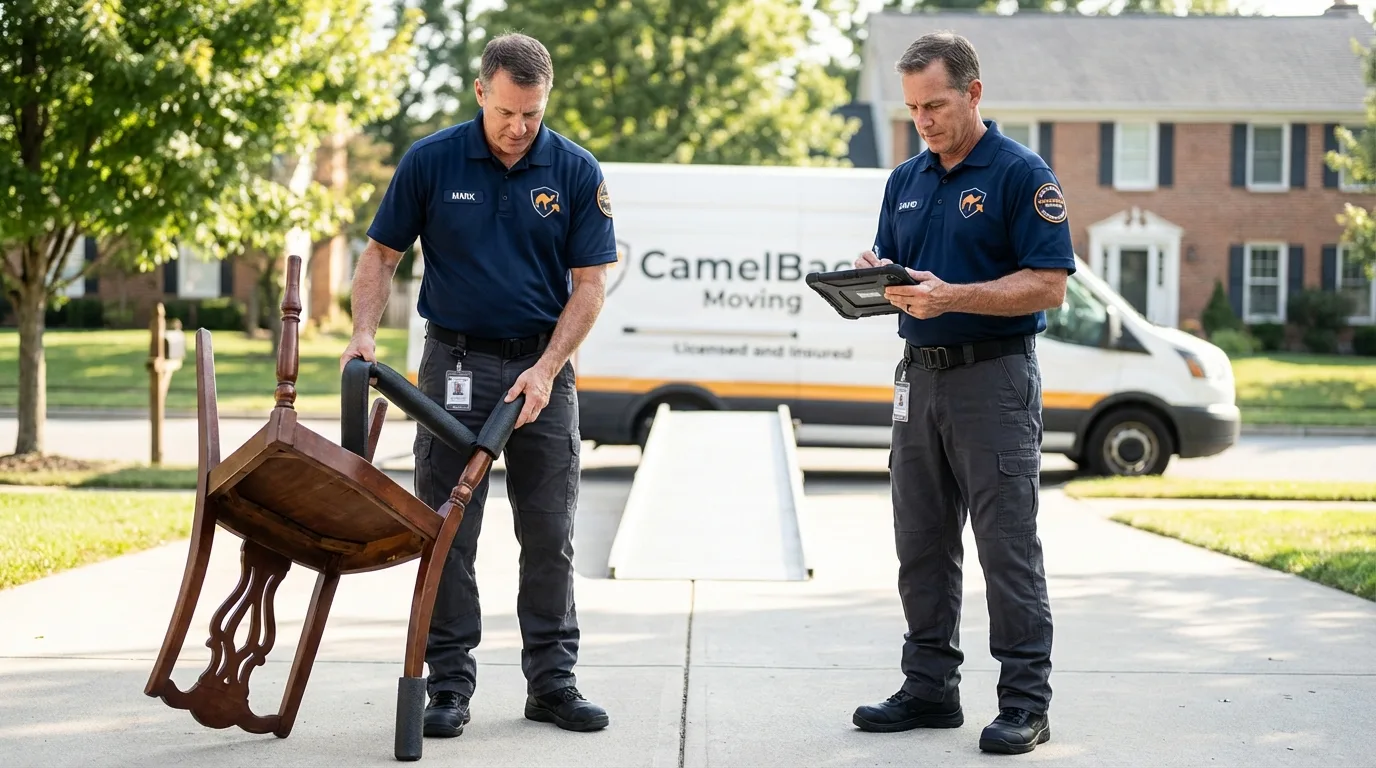 Movers inspecting furniture for damage prevention before loading in Flemington, NJ