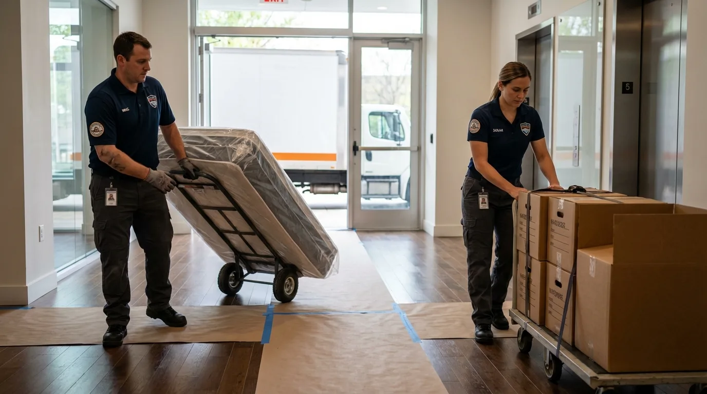 Professional apartment movers loading elevator in Flemington, NJ